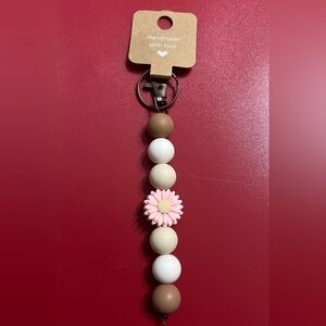 Pink and Cream Beaded Keychain with Flower Accent
